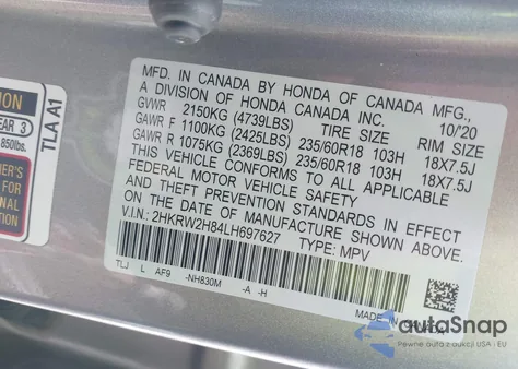 2020 Honda Cr-V Awd Ex-L из США, поврежденный, VIN 2HKRW2H84LH697627